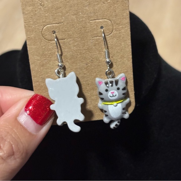 Cute Resin Grey Tabby Cat Dangle Tail, Hook Earrings - Super Cute Kitty Earring - Picture 5 of 7